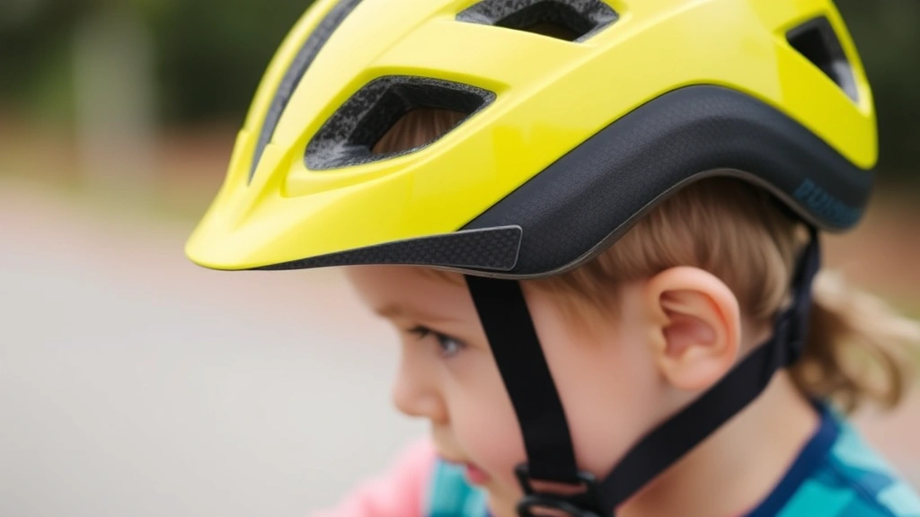 Close-up of child properly fitted bike helmet on young rider's head, showing correct positioning and snug chin strap, bright colors and safety focus
