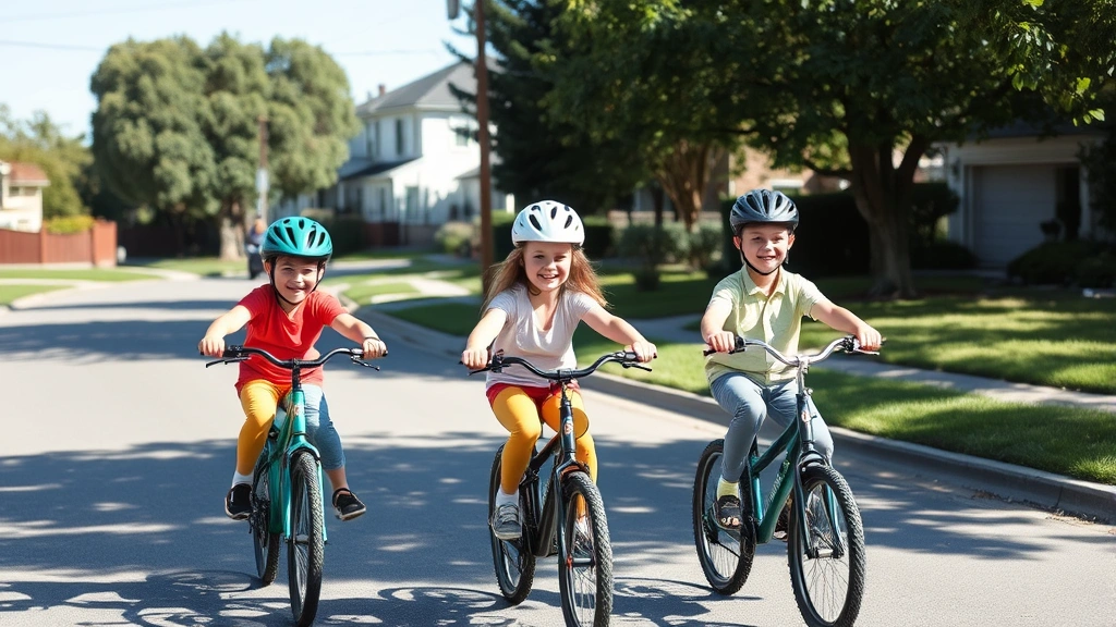 Family of three riding bikes together on quiet residential street, all wearing helmets, children on appropriate-sized bikes, parents supervising, sunny day