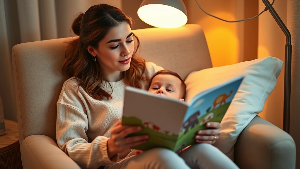 Young mother establishing bedtime routine with infant, reading picture book in cozy nursery chair, warm lamp light, both looking peaceful and connected