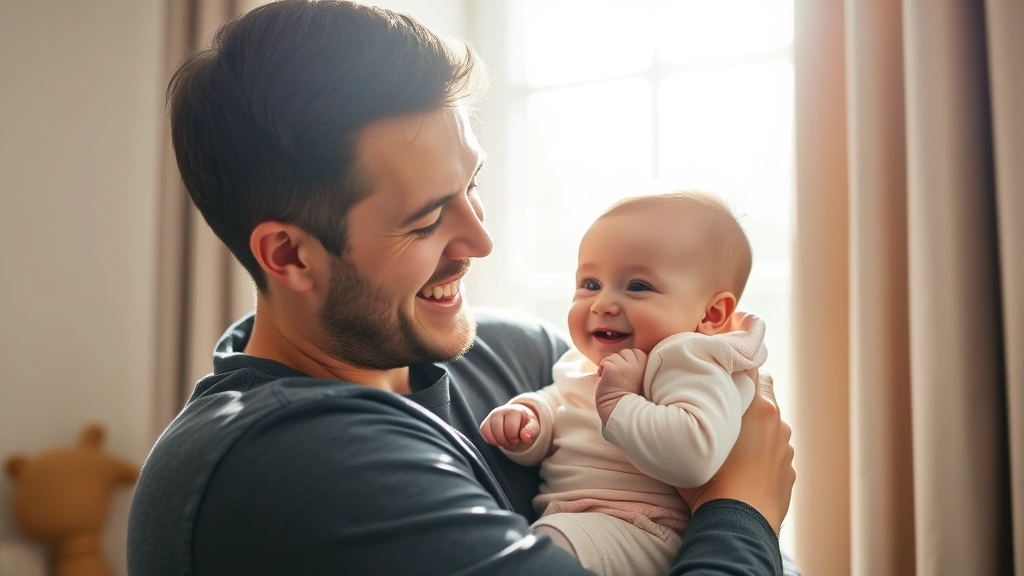 Father holding content 6-month-old baby during daytime, bright natural window light, cheerful interaction showing healthy wake time engagement and bonding