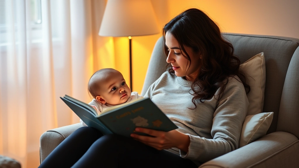 Parent performing gentle bedtime routine with baby, soft warm lighting, reading book together in comfortable chair with calm atmosphere