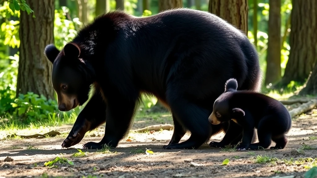 Mother black bear with two cubs playing in a forest clearing, dappled sunlight filtering through trees, natural family bonding moment