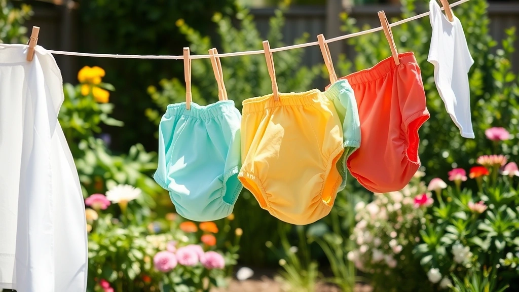 Colorful cloth diaper bloomers hanging on clothesline in sunny backyard garden, white sheets drying nearby, fresh green plants and flowers in background