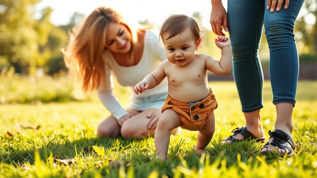 Diverse family with toddler wearing eco-friendly cloth diaper bloomer, playing together outdoors on grass, sustainable parenting lifestyle, warm natural sunlight