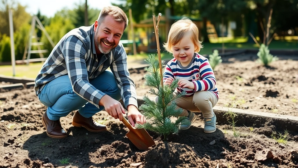 Parent and child planting small blue spruce sapling together in sunny garden bed, child holding shovel, both smiling outdoors