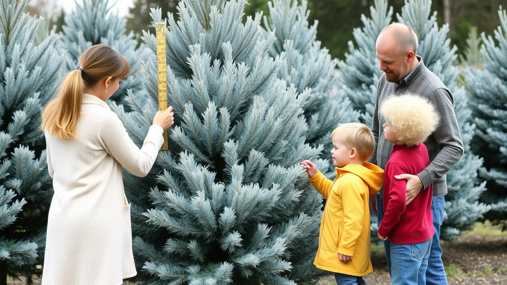 Family standing beside established baby blue spruce tree with silvery-blue foliage, children measuring tree height with measuring stick
