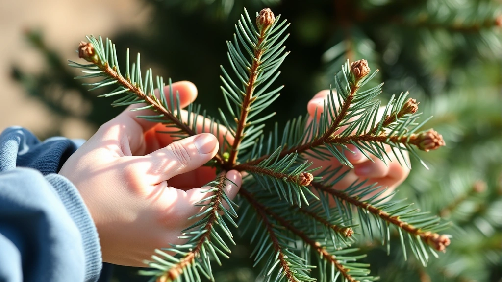 Close-up of child's hands gently pruning blue spruce branch tips, teaching proper conifer care techniques in bright natural light