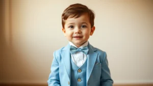 Toddler boy wearing light blue suit with white dress shirt and bow tie, standing confidently, warm natural lighting, professional family portrait style photography