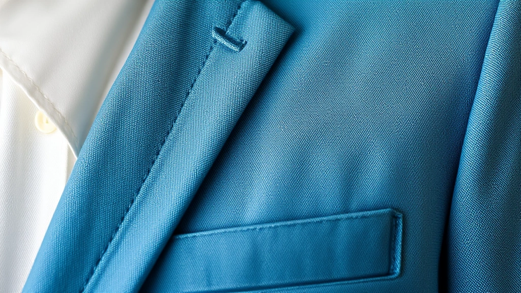 Close-up of baby blue suit jacket fabric texture with white dress shirt collar visible, showing quality tailoring and soft natural materials, studio lighting