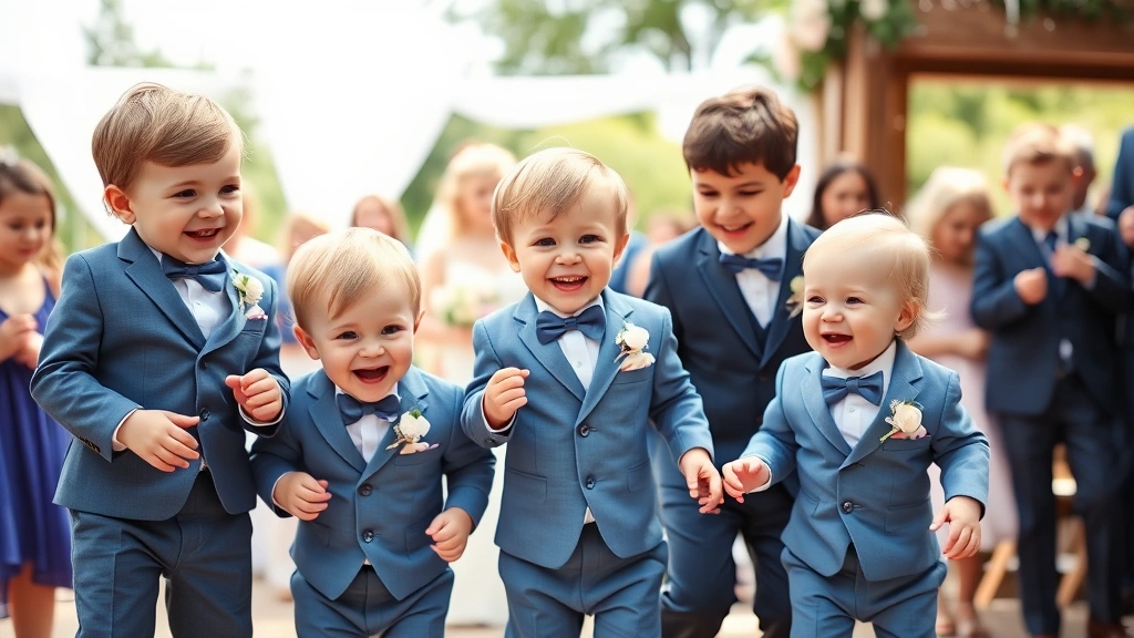 Group of toddlers in formal wear including baby blue suits at wedding celebration, laughing and playing together, candid joyful moment, natural daylight
