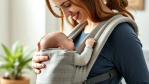 Parent wearing soft structured baby carrier with newborn in proper TICKS position, mother smiling at baby, natural indoor lighting, close-up showing correct chin and airway positioning