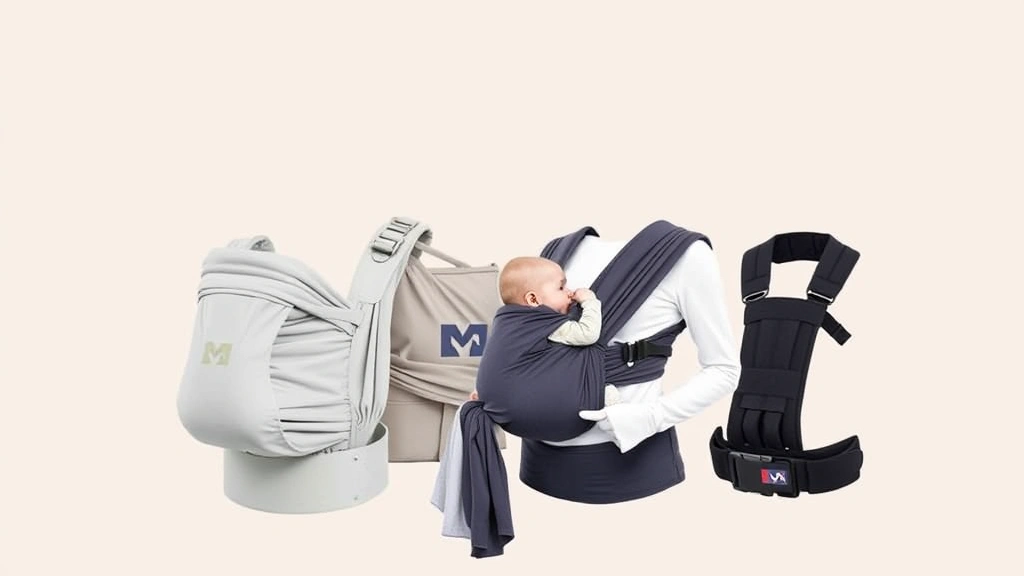 Multiple types of baby carriers displayed together on neutral background: soft structured carrier, wrap, ring sling, and buckle carrier, showing variety of safe options available