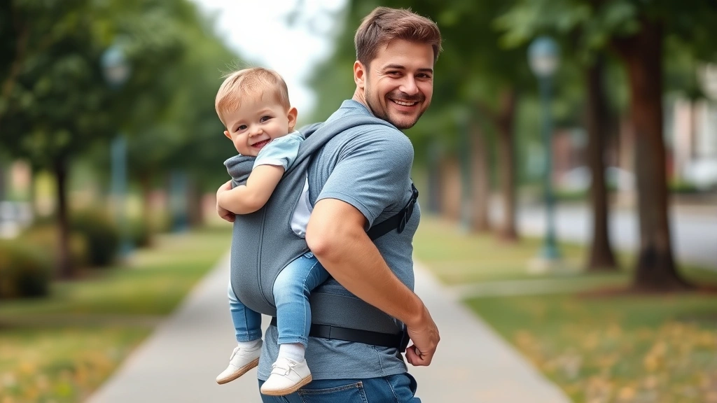 Father carrying toddler in hip carry position while walking outdoors, both smiling, demonstrating safe babywearing technique for older baby with clear face visibility