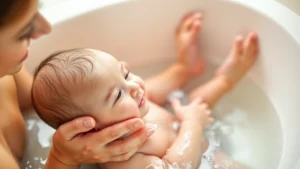Soft-focus photograph of a smiling parent gently bathing a baby with mild baby body wash in warm water, showing tender care and bonding moment during bath time