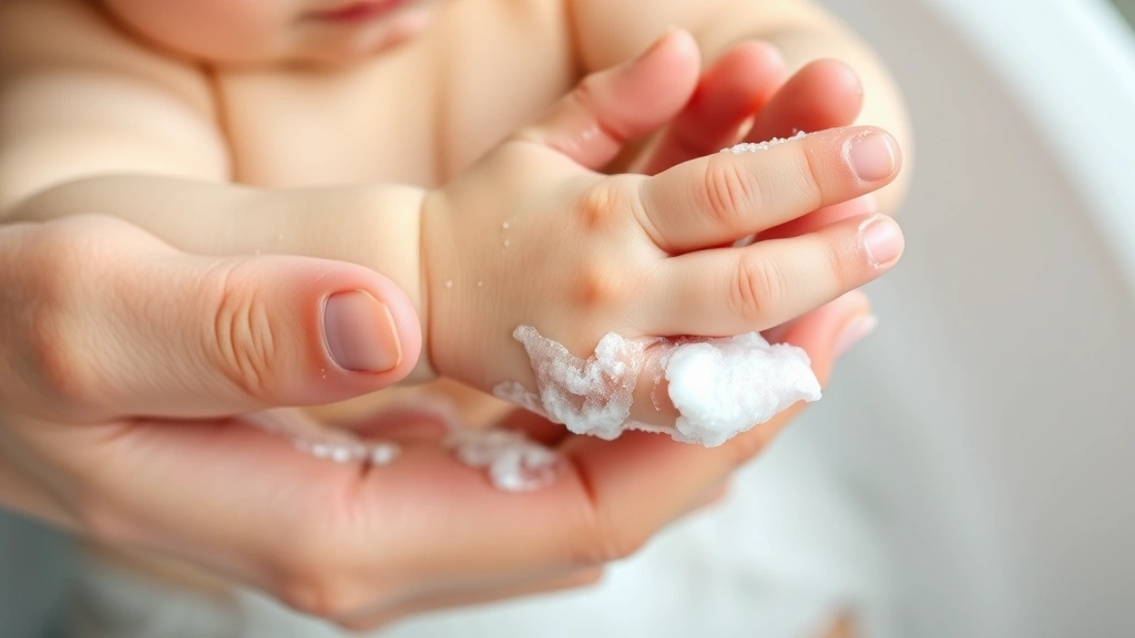Close-up of baby's arm and hand being washed with gentle, foamy baby body wash by parent's hands, emphasizing delicate skin care and gentle cleansing technique