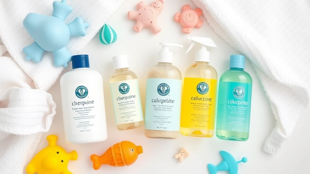 Flat-lay arrangement of top-rated dermatologist-recommended baby body wash bottles and containers surrounded by soft bath towels and bath toys on white surface