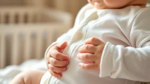 Close-up of soft organic cotton baby bodysuit on newborn, gentle hands adjusting snaps, warm natural lighting, peaceful nursery background