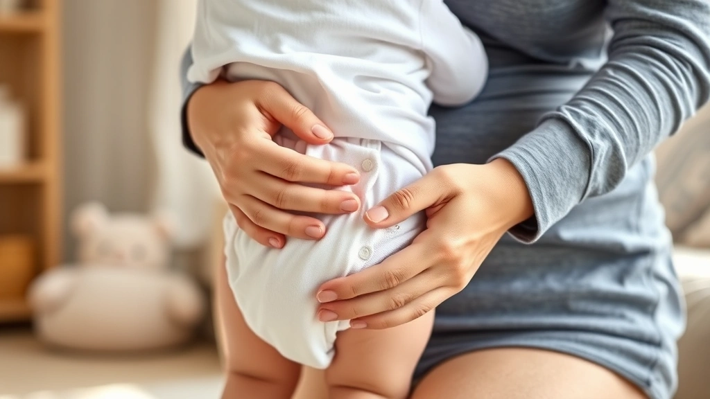 Parent changing diaper of infant wearing quality bodysuit with easy-access snaps, tender care moment, realistic daylight, cozy home setting