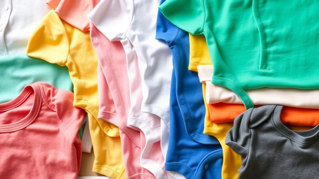 Flat lay of colorful baby bodysuits in various sizes stacked neatly, showing different fabric textures and closure systems, bright natural light