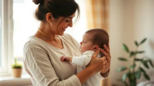 Loving mother cradling infant baby in arms, natural window light, warm home environment, peaceful bonding moment, soft focus background