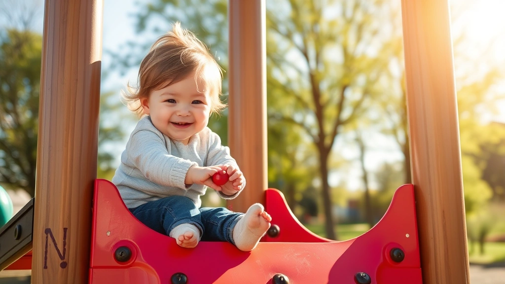 Toddler climbing playground equipment outdoors, bright sunny day, active play supporting bone development, engaged and happy child, natural setting