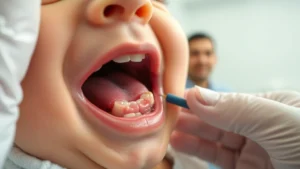 Close-up of newborn's mouth showing small white natal teeth visible on lower gums, pediatrician examining with soft light, calm hospital nursery setting, parent looking relieved in background
