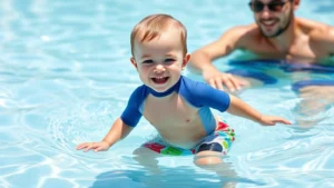 Happy baby boy wearing colorful swim trunks and rash guard, playing in shallow pool water with parent nearby, sunny day, family bonding moment