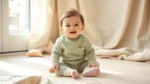 A happy baby boy in soft sage green and cream colored clothing, sitting on a light wooden floor surrounded by neutral-toned fabric textures and patterns, warm natural lighting from window