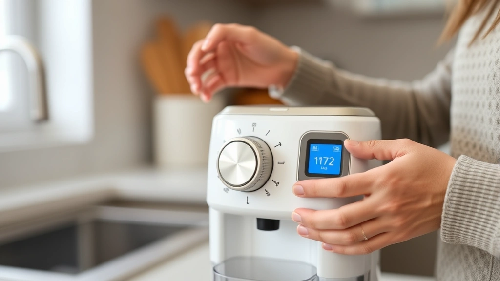Parent carefully adjusting Baby Brezza powder dial on formula dispenser machine, close-up of hands on settings, modern kitchen counter background, realistic lighting