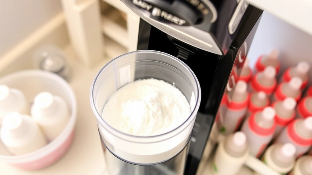 Clean Baby Brezza machine with open powder hopper filled with infant formula, water reservoir visible, bottles arranged nearby, organized nursery or kitchen setting