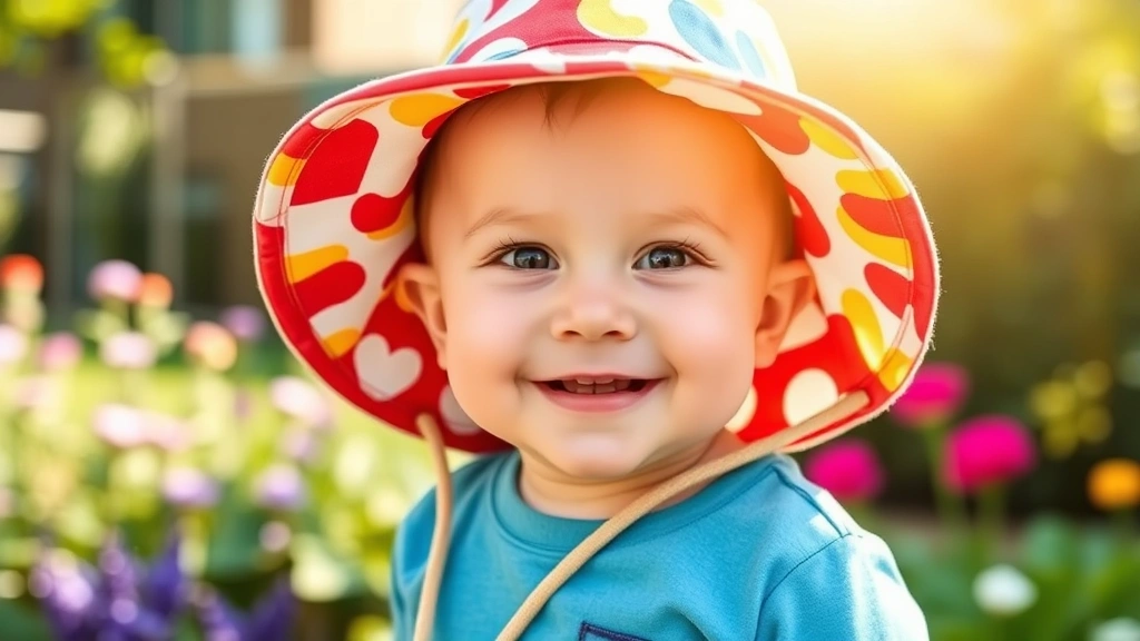 Happy baby wearing colorful bucket hat outdoors in sunny garden, smiling at camera, soft natural lighting