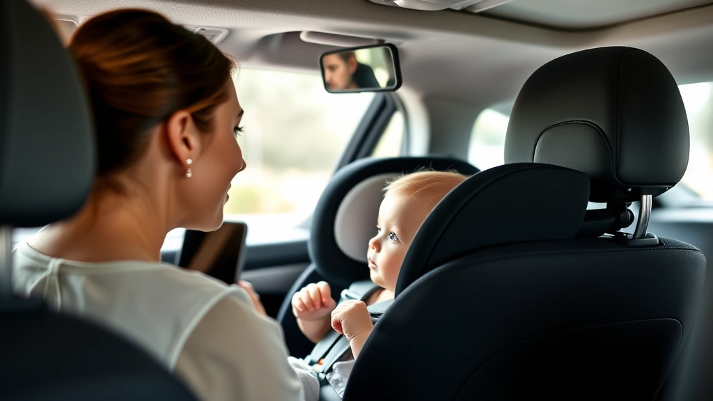 Parent safely checking rear-facing infant in car seat using mirror, focused and calm expression, modern vehicle interior, natural daylight through window