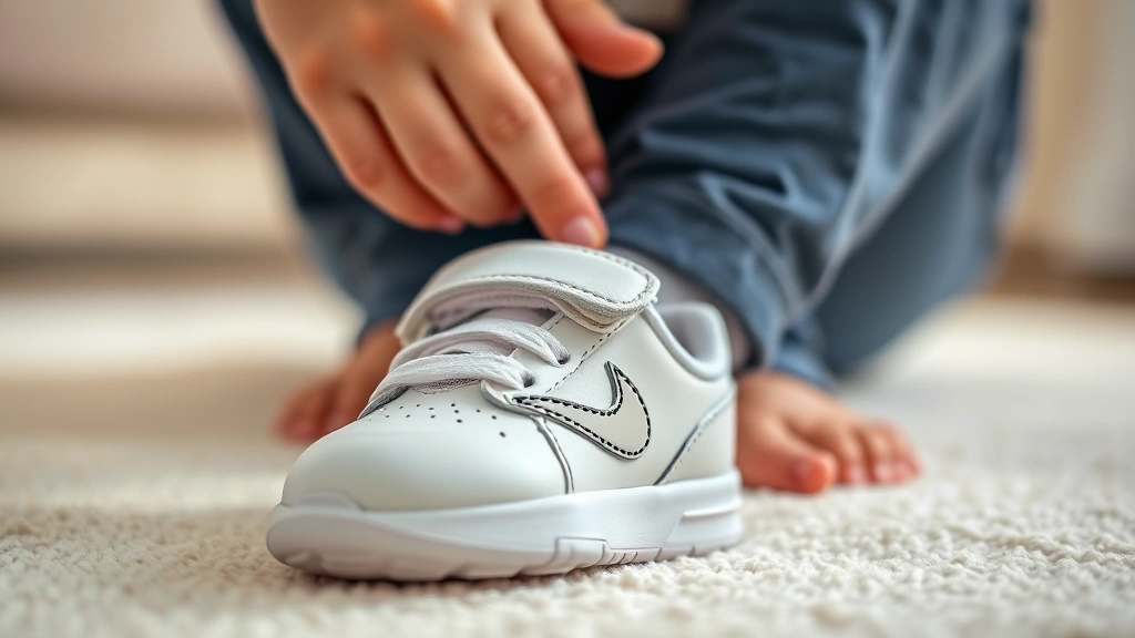 Parent gently fastening Velcro strap on infant's Nike baby shoe, tender caregiving moment, soft focus background, hands and foot visible, warm lighting