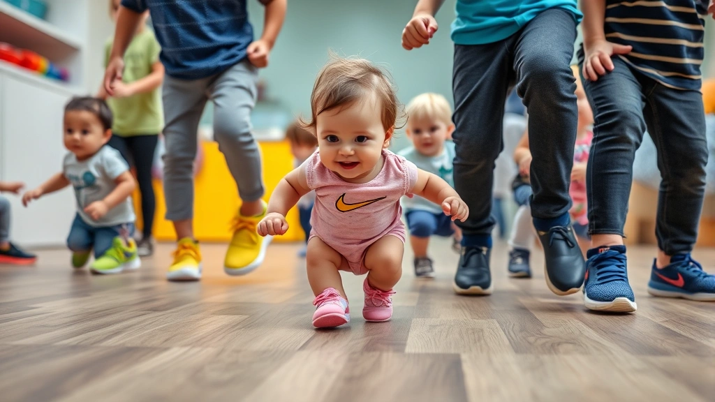Group of toddlers in various Nike Swoosh baby shoes playing in a safe indoor play area, diverse children, movement and joy, colorful shoes visible, natural activity