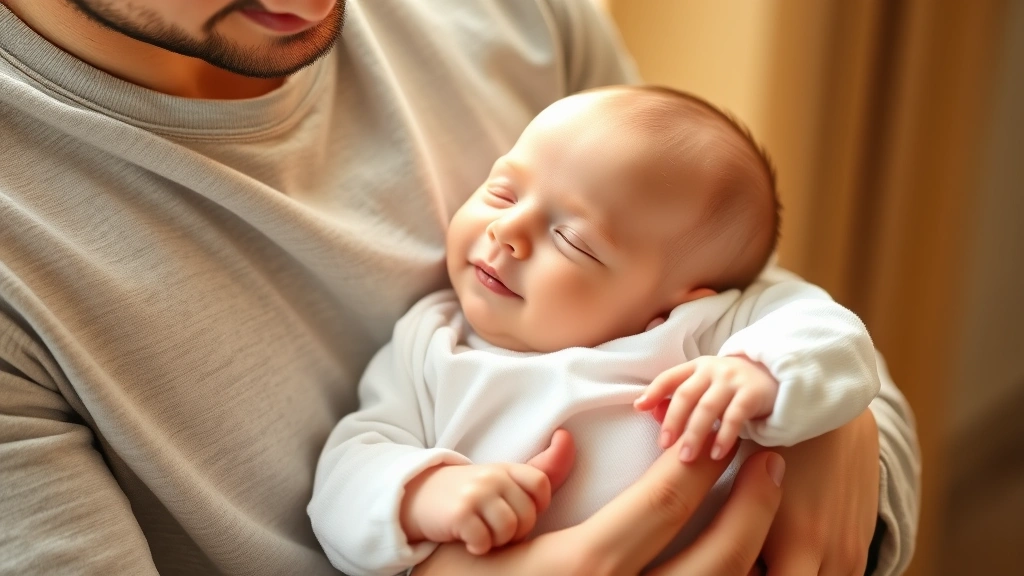 Parent holding happy newborn baby wearing soft white cotton onesie, warm natural lighting, close-up of baby's peaceful face and gentle fabric texture