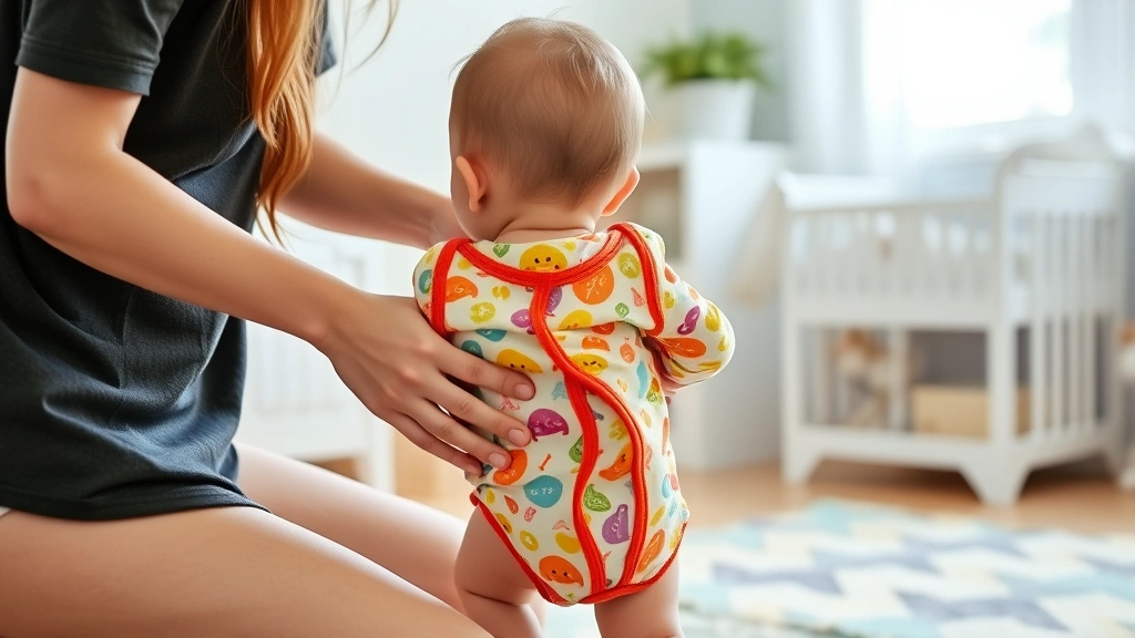 Mother changing toddler's diaper, baby wearing colorful onesie with snap closures, bright nursery room, practical everyday parenting moment