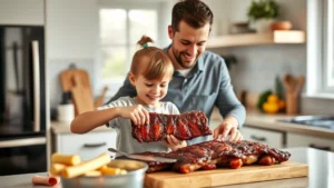 Parent and child in bright kitchen preparing ribs together, both smiling, natural daylight, family bonding moment, casual home setting