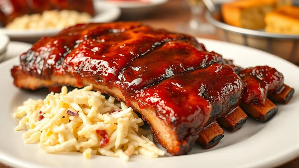 Perfectly cooked baby back ribs on white plate with coleslaw and cornbread, golden caramelized glaze, appetizing close-up, family dinner setup