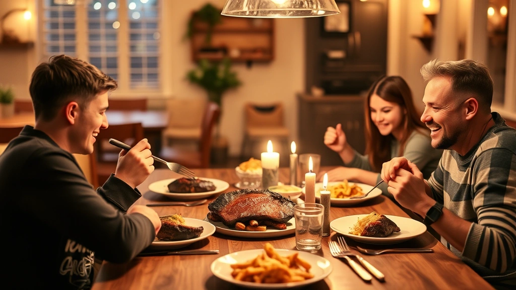 Family of four sitting at dining table enjoying ribs dinner together, warm lighting, everyone eating happily, casual family gathering atmosphere
