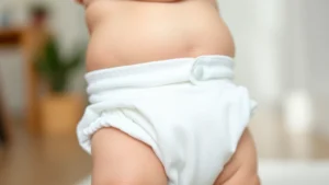 Close-up of happy baby wearing clean, dry diaper, smiling contentedly, soft natural lighting, warm home setting
