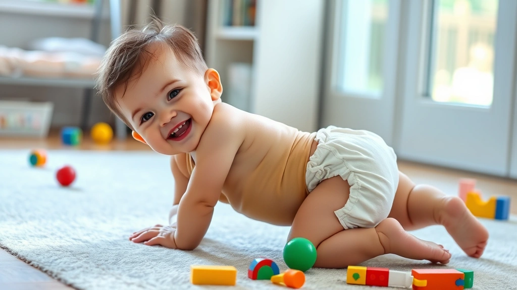 Toddler playing actively on floor with toys, diaper secure and comfortable, joyful expression, bright daylight from window