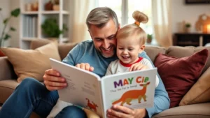 Happy toddler sitting on parent's lap while reading personalized book together, cozy living room with warm lighting, child pointing at their name on page, genuine smiling faces
