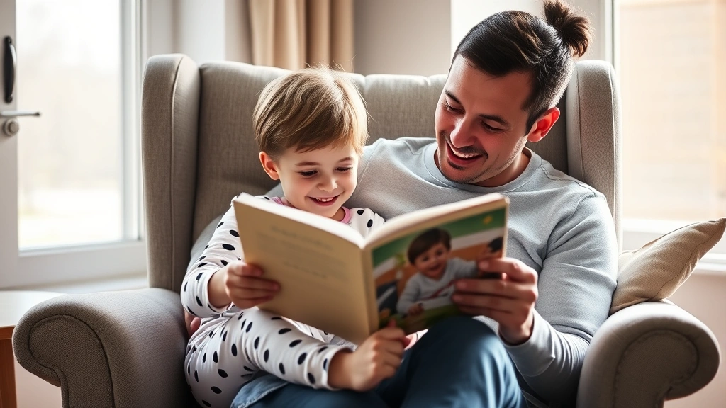 Parent and young child reading together on comfortable chair, child wearing pajamas, morning sunlight through window, parent holding book with child's picture visible, warm family moment
