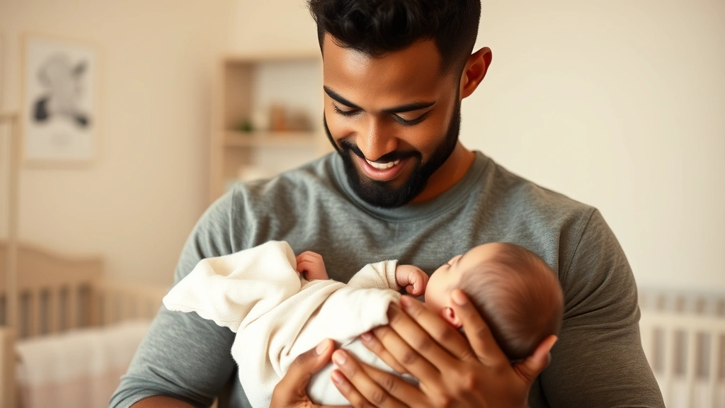 Young diverse father holding newborn baby close to chest, warm lighting, intimate family moment, tender expression, modern nursery background