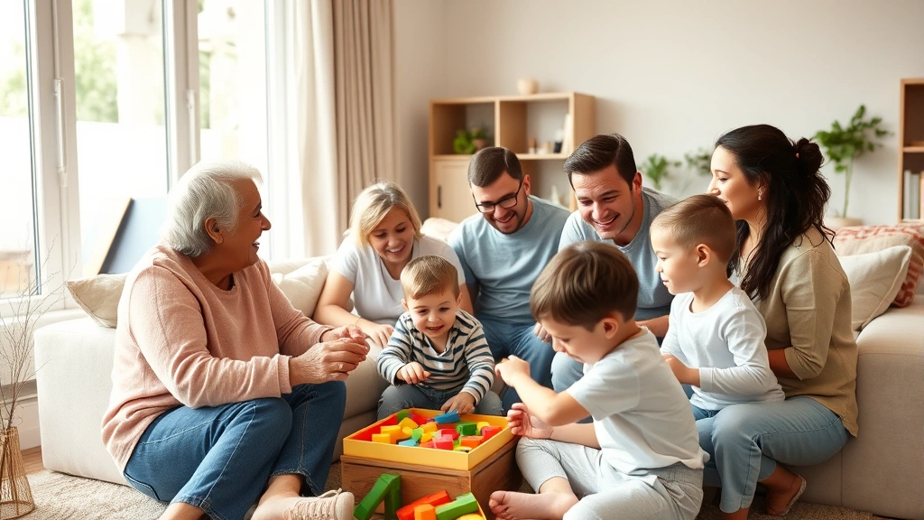 Multi-generational family gathering in living room, grandparents, parents and children playing together, genuine laughter and connection, natural daylight