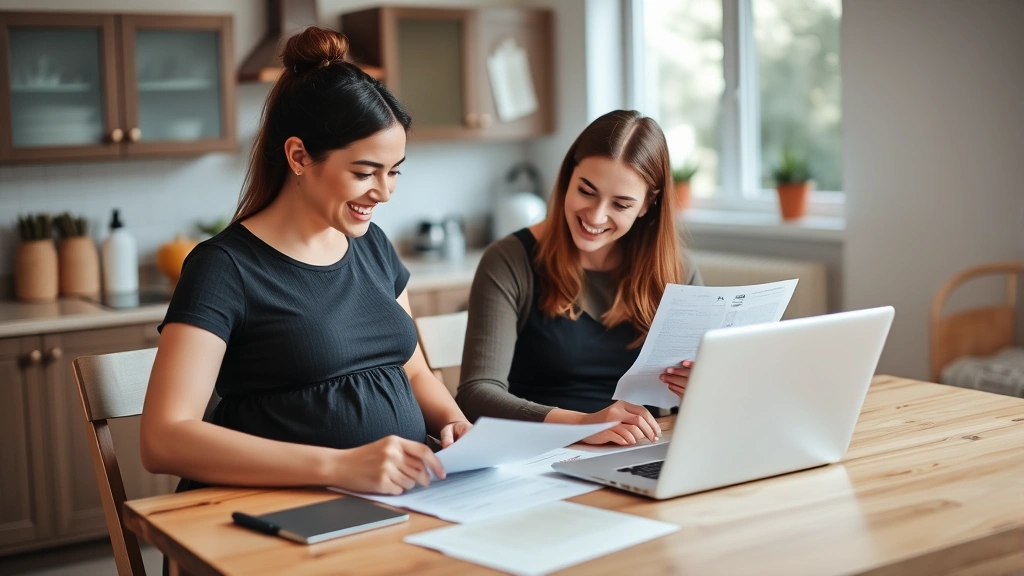 Pregnant woman and partner reviewing documents at kitchen table with laptop, planning and preparing for baby, positive collaborative atmosphere, organized workspace