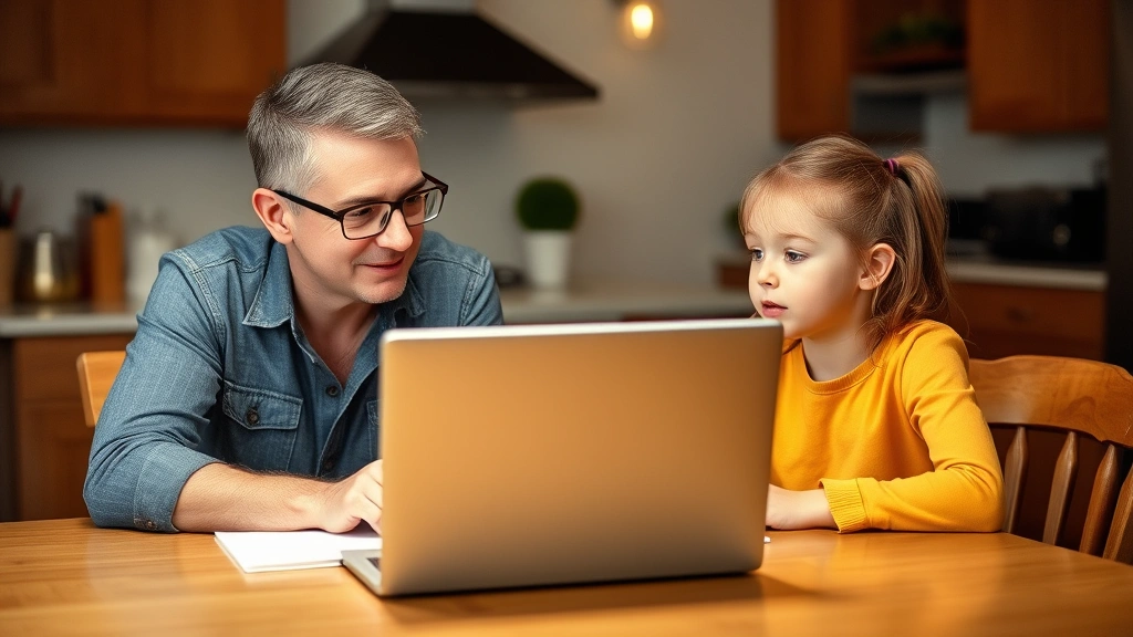 Parent and elementary school aged child sitting together at kitchen table discussing online safety with laptop open between them