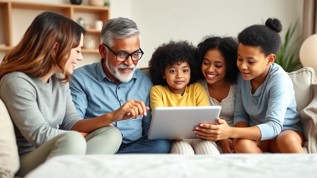 Multi-generational family in living room reviewing account security settings on tablet with protective focused expressions