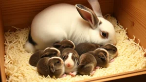 Newborn rabbit kits nestled together in soft bedding inside a wooden nesting box, with mother rabbit nearby, warm lighting emphasizing maternal care and comfort