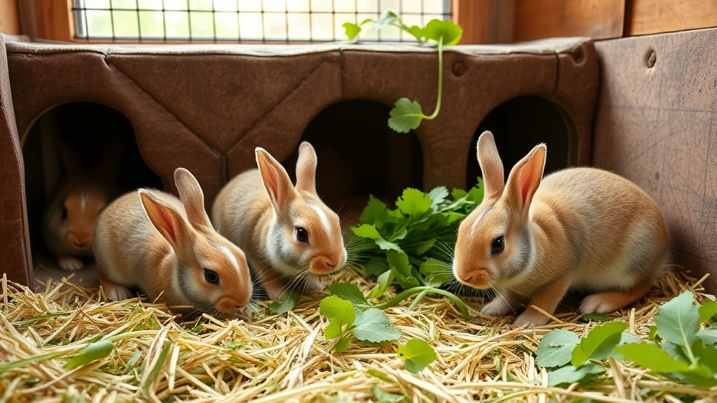 Young rabbit kits exploring timothy hay and fresh greens in a spacious enclosure with hiding spots, demonstrating natural eating and foraging behaviors